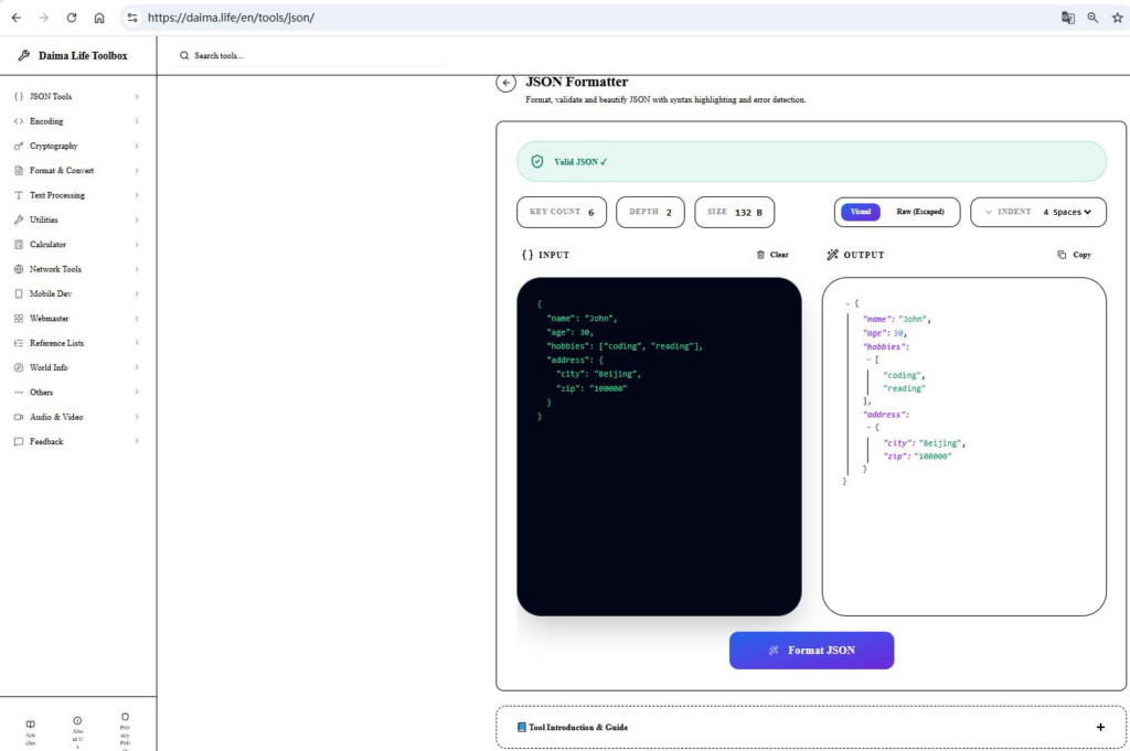 JSON Formatter & Validator tool interface showing input and output panels for formatting and validating JSON data