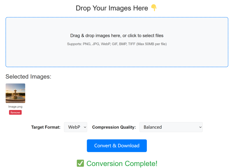 free online image converter tool interface showing drag-and-drop upload zone, format and quality settings, and convert button