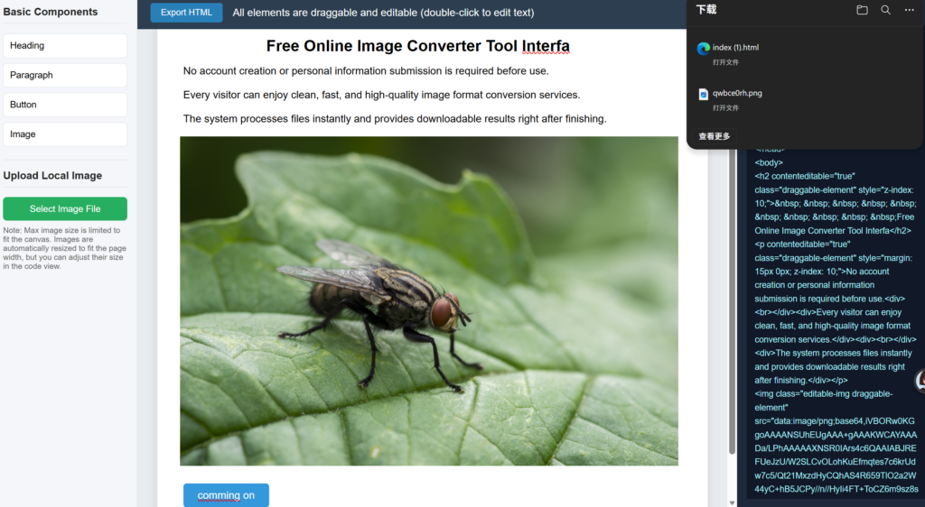 Visual HTML editor for the HTML website template generator, with drag-and-drop components and live code preview