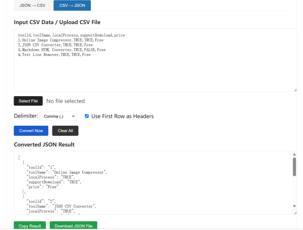 Online CSV to JSON converter tool test page screenshot for bulk table data conversion