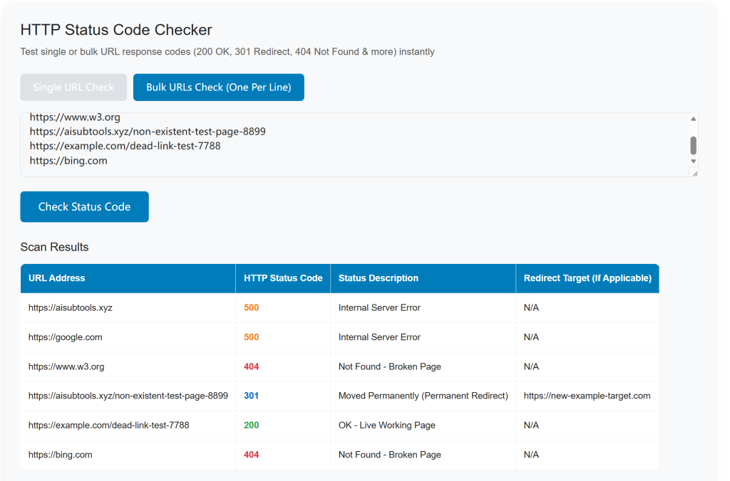One Second Free HTTP Status Code Checker for URL 404/301/200 Testing