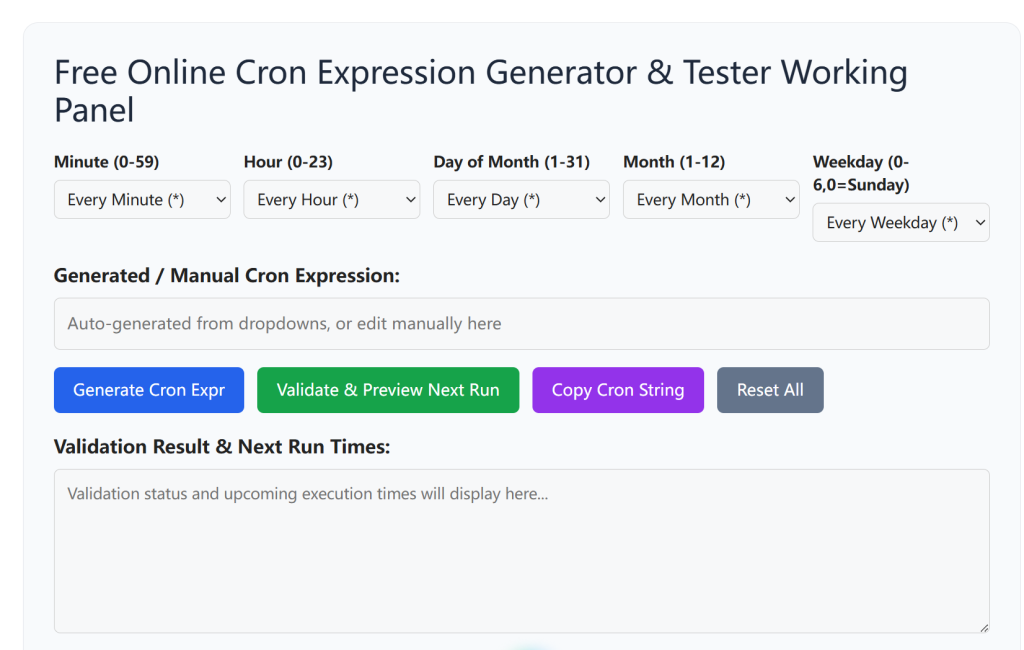 Free Fast Online Cron Expression Generator & Tester | Validate Linux Cron Syntax & Preview Next Run Time Instantly