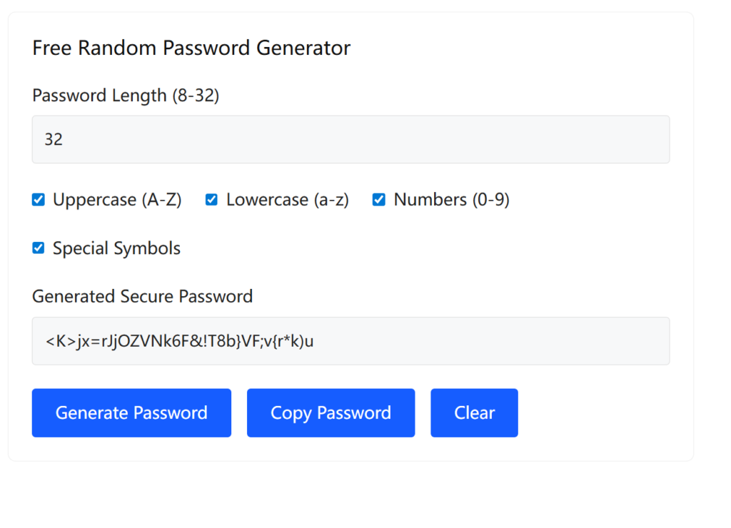 Free Random Password Generator tool page for creating high-strength secure online passwords to protect account data security