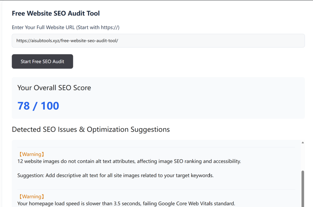 Free Website SEO Audit Tool scan result with 78 SEO score and detected site optimization issues