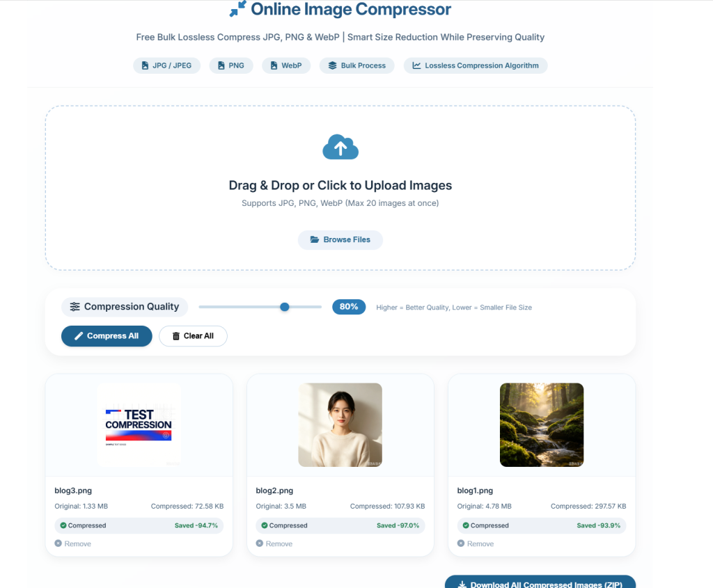 Screenshot of free online bulk image compressor tool page, compress JPG PNG WebP images locally in browser