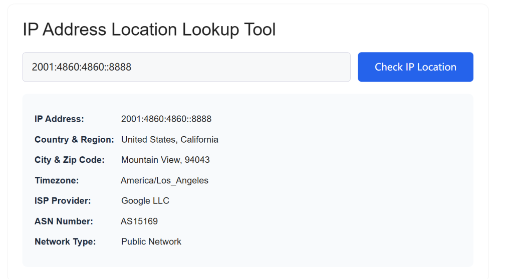 IPv6 IP Address Location Lookup Tool real-time query result