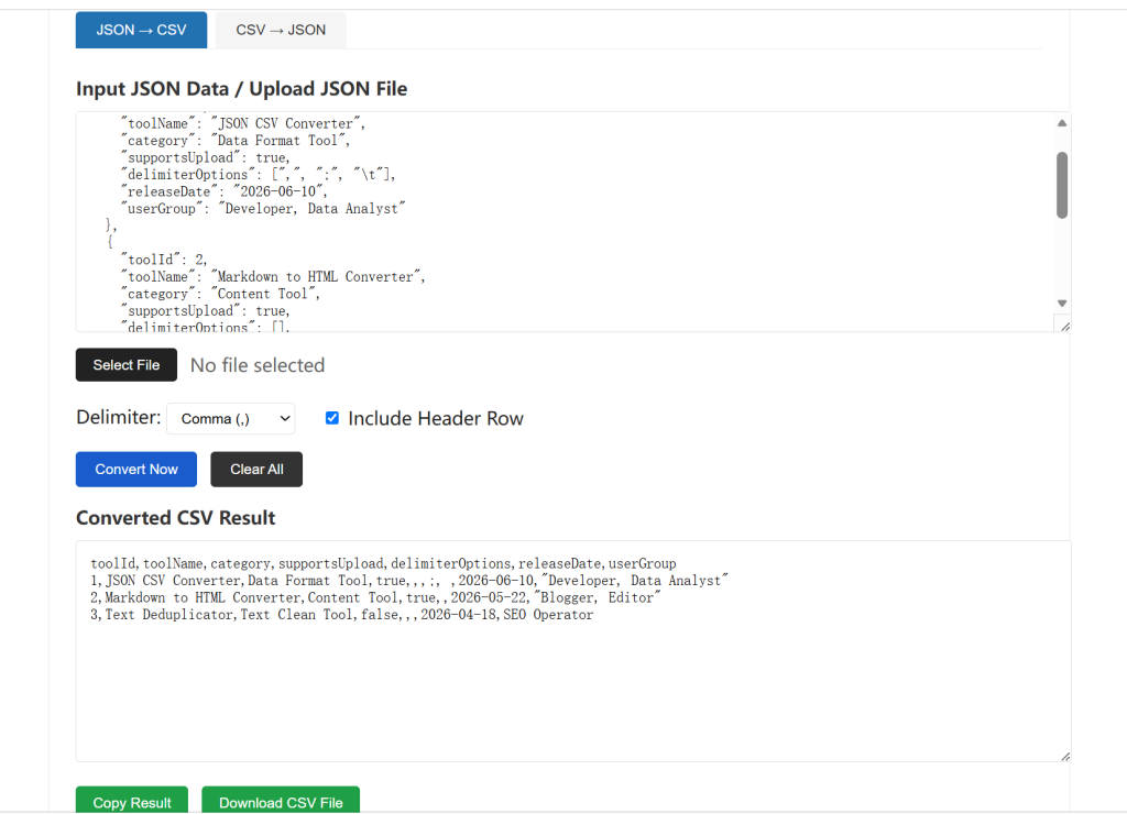 Free online JSON to CSV converter tool page test screenshot for data format conversion