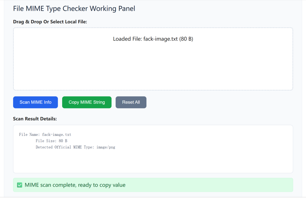 online file mime type checker scan real png image renamed to fake txt file, detect true image/png mime type