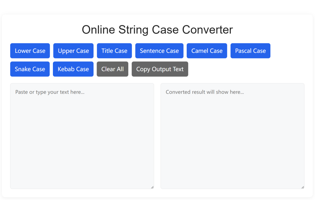 Online String Case Converter Main Working Interface, 8-in-1 free text case changer for upper, lower, camel and snake case conversion