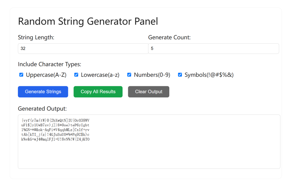 Random String Generator one-click copy success popup demo screenshot, fully English native browser notification for random string export