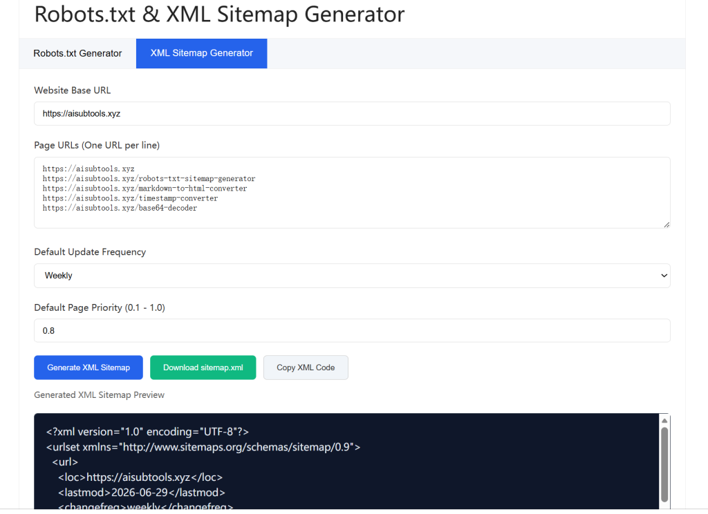 Robots.txt & XML Sitemap Generator, Bulk Generate Google Standard XML Website Sitemap Online