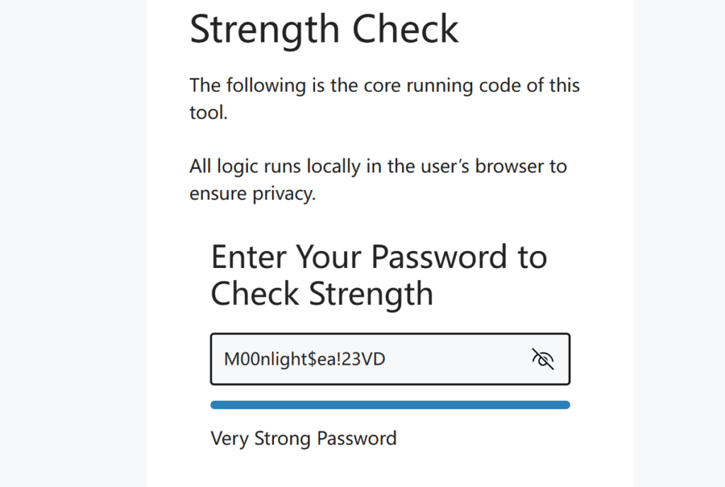 Password strength checker tool interface showing password strength input field and "Very Strong Password" result
