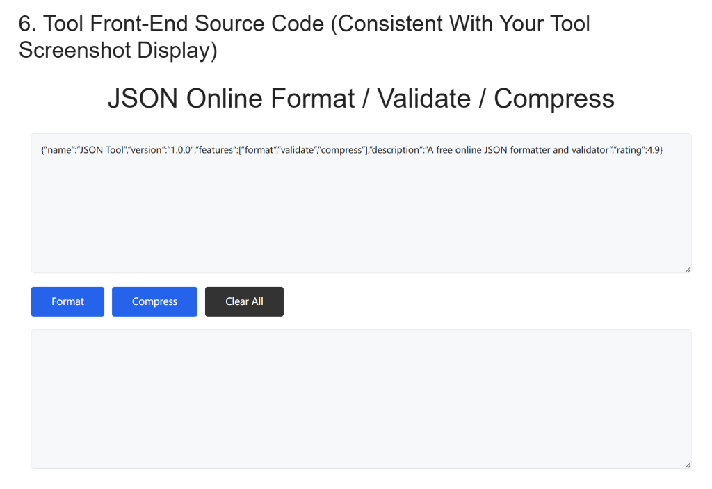 Main interface screenshot of the Online JSON Format & Validate Tool Complete User Guide, showing format, compress and clear function buttons for JSON editing