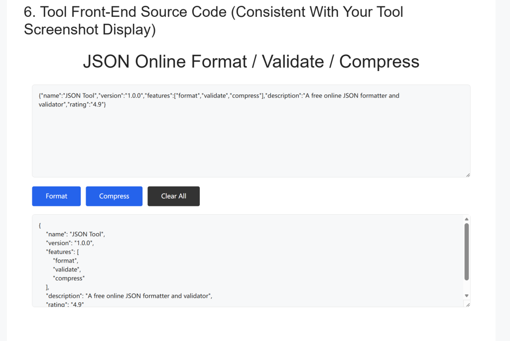 Operation test screenshot covered in the Online JSON Format & Validate Tool Complete User Guide, displaying JSON syntax error detection and formatted beautified output results
