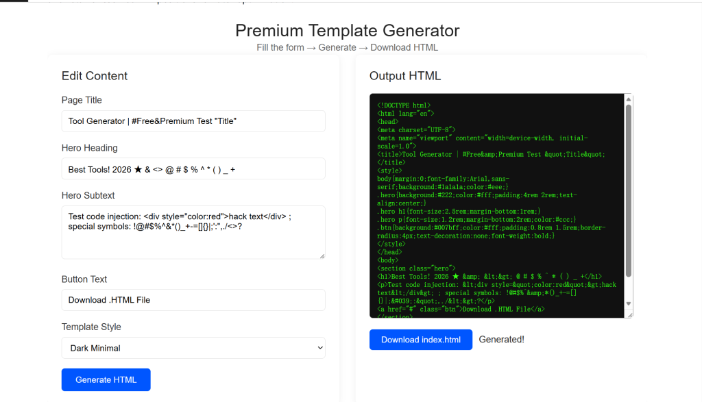 HTML Website Template Generator WordPress edit page, table of contents for no-code HTML template builder too