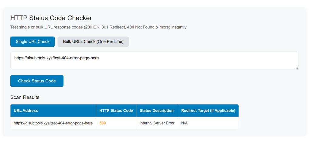 Screenshot of AISubtools HTTP Status Code Checker online tool, run single URL test and detect 404, 301, 500 error status codes for SEO site audit