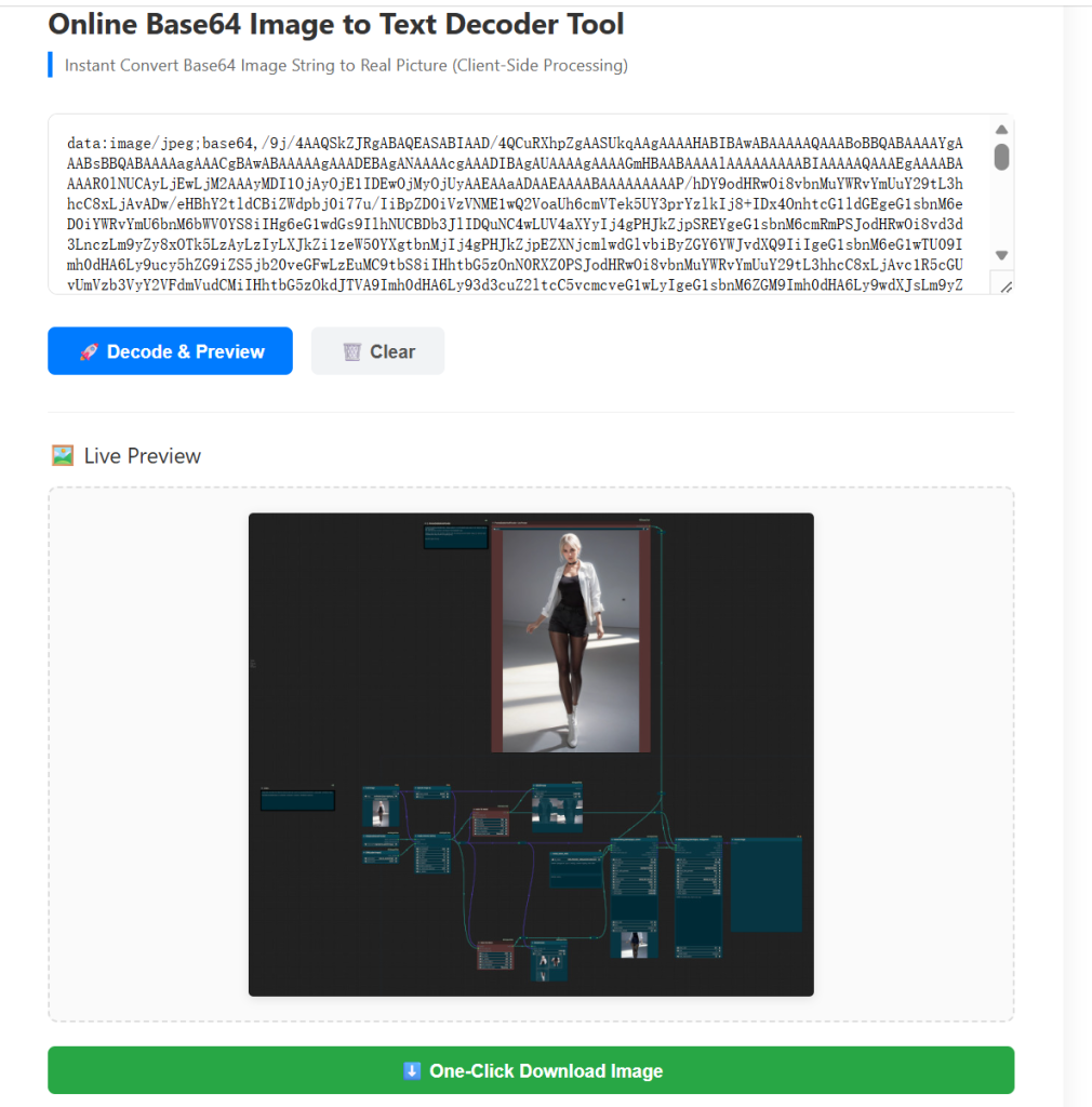 WordPress backend screenshot of Online Base64 Image to Text Decoder tool feature table of contents with local processing & live preview benefits